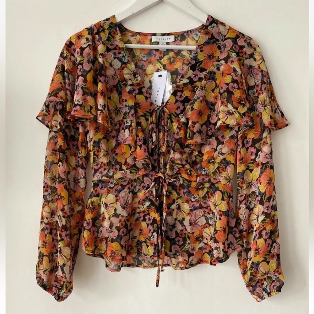 Topshop Ruffle Chiffon Blouse Tie Front Sizes 6, 8 - Picture 1 of 3